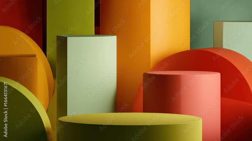 Poster abstract geometric composition with cylinders and rectangles for product display and modern backgrou