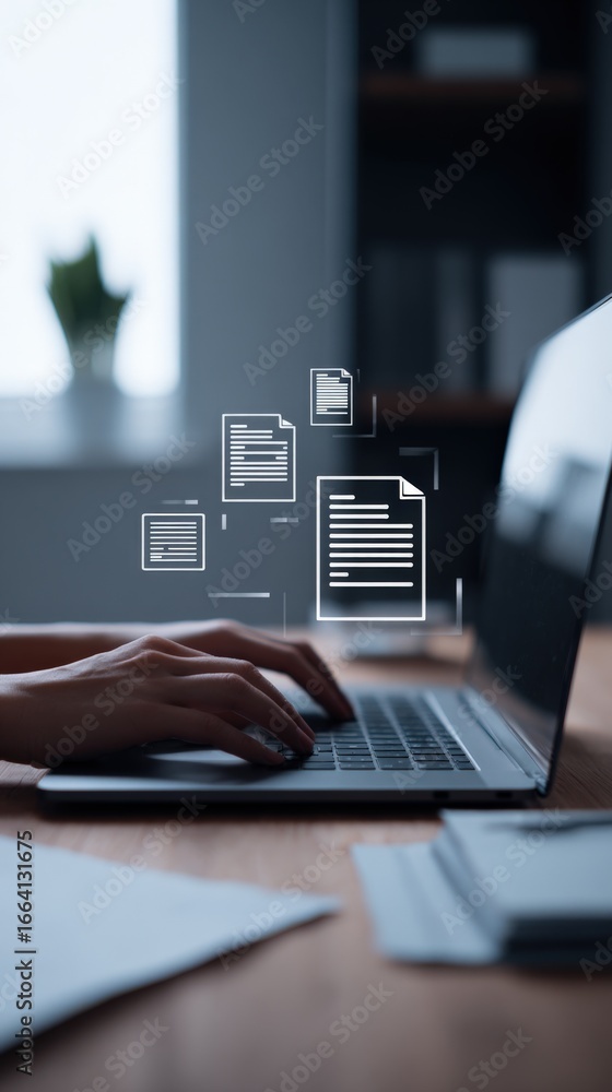 Aufkleber hands typing on laptop with digital document icons overlay - business workflow and productivity