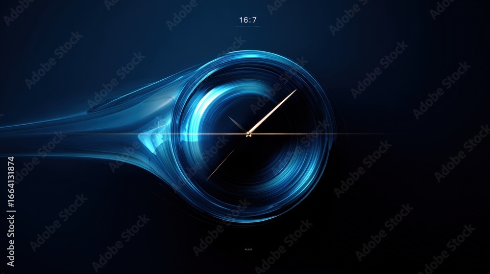 Poster abstract timepiece with flowing light trails displaying precise hour and minute for technology or de