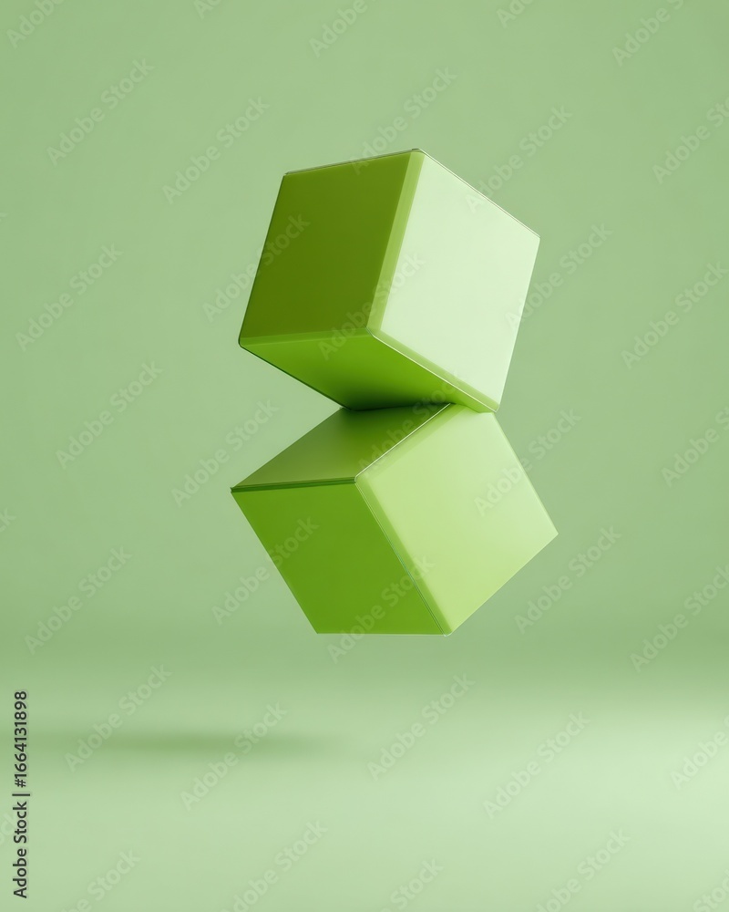 Poster abstract green cubes balanced on top of each other in a seamless studio setting