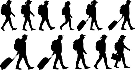 Fototapeta premium silhouettes of people walking , Silhouettes of people walking with luggage and bags travel on transparent background , no background 