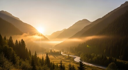 Golden Sunburst Over a Misty Alpine Valley with a Winding River