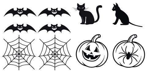 Spooky Halloween elements featuring black cats, bats, cobwebs, and jack-o'-lanterns perfect for festive decorations and designs.
