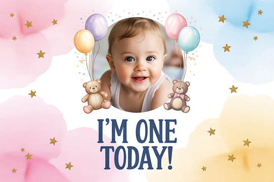 Adorable baby's first birthday celebration with pastel balloons and teddy bears for birthday invitations
