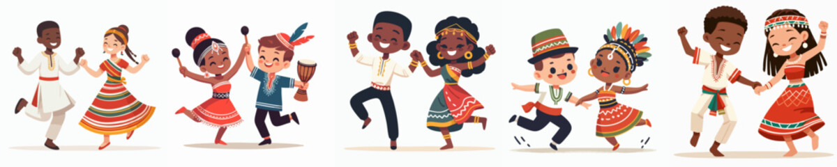 Cartoon Handdrawn Multicultural Children Dancing in Traditional Clothes Illustration Asset
