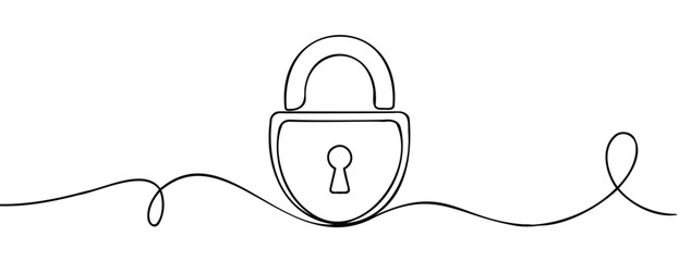 Minimalist continuous line drawing of padlock, symbolizing security, protection, privacy, safety, and data encryption