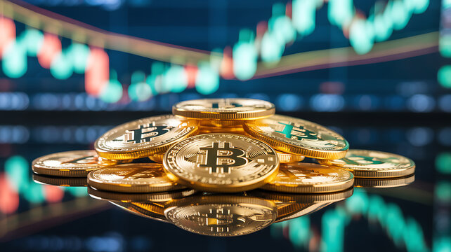 Pile of gold bitcoin coins with blurred financial chart in background cryptocurrency gold coins