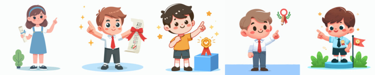Cartoon Handdrawn Achievement Kids Celebrate Prize with Happy Expressions Character