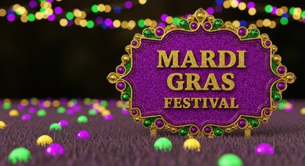 A festive mardi gras sign with purple, gold, and green decorations announces the celebration
