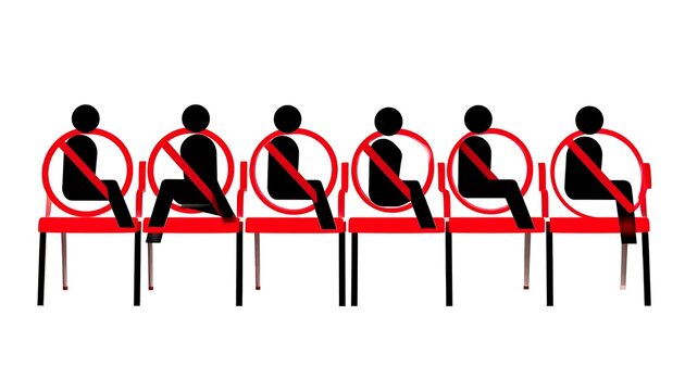 Social distancing guidelines illustrated by seated figures within red circles indicating reserved seating.
