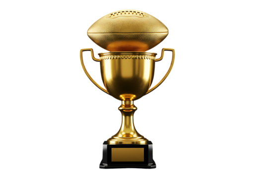 Golden american football trophy with championship ball isolated on transparent background