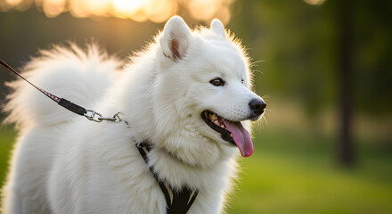 Obraz premium Samoyed dog walking on leash in sunny park during golden hour 