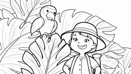 Illustration of a girl with a hat and a parrot on a leaf surrounded by tropical foliage imagery silhouette