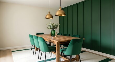 Modern Dining Room with Green Velvet Chairs and Wood Table.