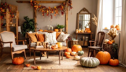 Autumnal Living Room Decor with Pumpkins