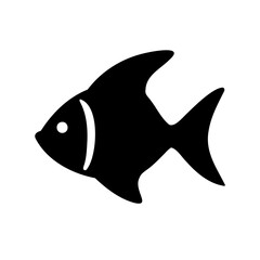 Obraz premium Simple black fish silhouette icon design - Minimalist black fish silhouette isolated on white background, ideal for logo, marine illustration, seafood branding, and aquatic graphic projects. 