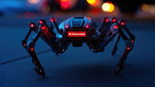 Futuristic Spider Robot With Red Glowing Lights mechanical