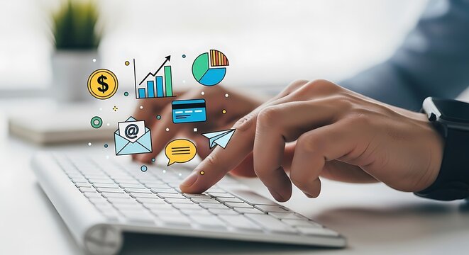 Hands typing on a keyboard with business-related icons hovering above, showcasing digital communication and financial management concepts.