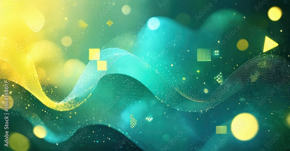 Poster abstract background features flowing lines, dots, shapes. yellow, teal hues create dynamic visual ef