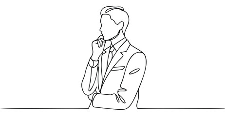 Minimalist continuous line drawing of businessman in thoughtful pose, symbolizing decision-making, strategy, leadership, and contemplation