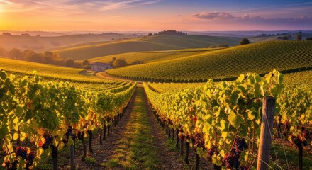 Luminous Sunset Bathes Rolling Vineyard Hills and Ripe Grapes in Golden Light