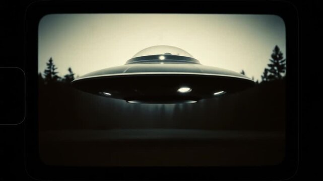 UFO Sighting: Flying Saucer Hovering Over Forest in Vintage Film Style