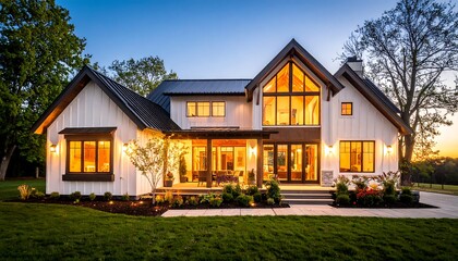 A modern farmhouse design with large windows and a covered porch bathed in warm evening light.