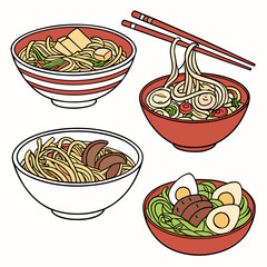 Illustration of four bowls of ramen with various toppings and chopsticks