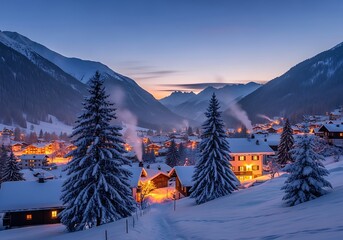 Snowy village at dusk, nestled in mountains