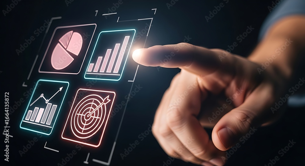Poster a hand points to illuminated data graphics displayed on a futuristic interface, highlighting key per