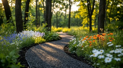 Obraz premium A winding gravel path meanders through a lush, sun-dappled garden bursting with wildflowers and tall trees