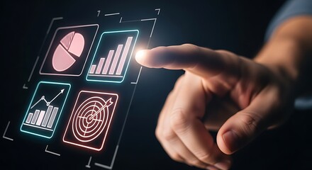A hand points to illuminated data graphics displayed on a futuristic interface, highlighting key performance indicators.