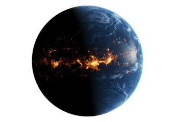 Earth from space with city lights visible isolated on transparent background
