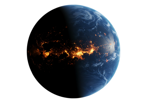 Earth from space with city lights visible isolated on transparent background