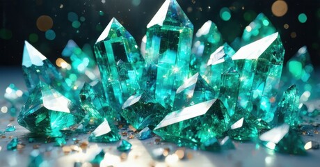 Vibrant turquoise crystals cluster together. Light reflects, creating sparkle, depth, beautiful textures. Dramatic lighting enhances gem quality.