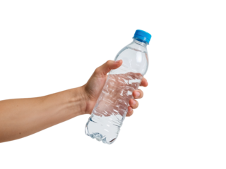 Hand holding a refreshing bottle of purified water against a stark isolated transparent setting