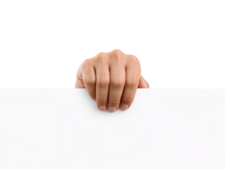 Hand gripping white horizontal plane over isolated invisible field of nothingness perfect for