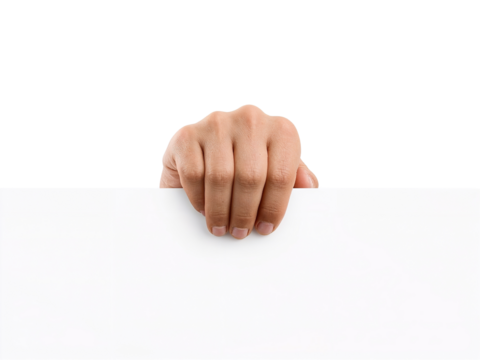 Hand gripping white horizontal plane over isolated invisible field of nothingness perfect for