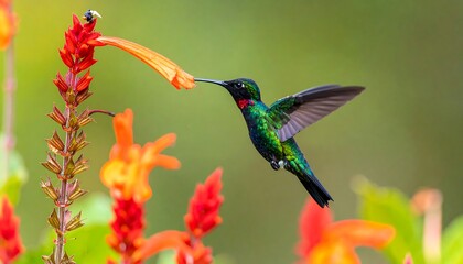 A vibrant hummingbird hovers delicately near a cluster of vivid orange and red flowers, showcasing its iridescent plumage and graceful flight.