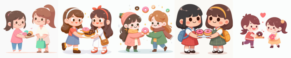 Cute Cartoon Little Girl Sharing Sweet Donut Illustration Graphic Asset