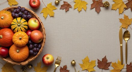 Autumn harvest basket with pumpkins and fruit, a festive Thanksgiving Wallpaper for Copy Space on a neutral background.