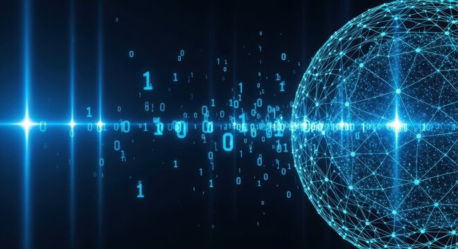 A digital sphere of binary code glows, representing data and technological connection in the cyber future