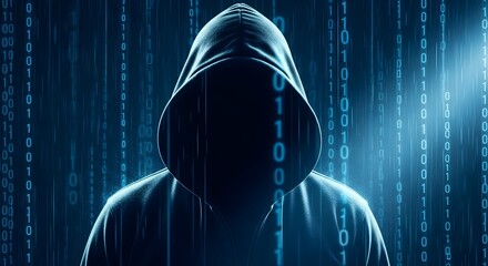 Mysterious hacker in hood with digital background