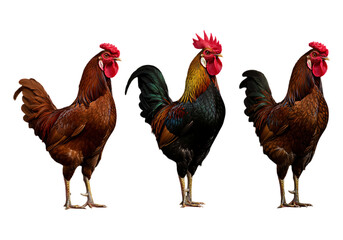 Fototapeta premium Three roosters standing side by side isolated on transparent background