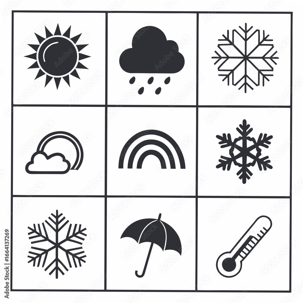 Poster a collection of nine distinct weather icons presented in a three by three grid featuring symbols for