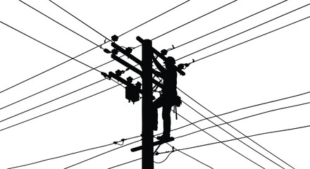 Silhouette of electrician working on power lines, utility pole maintenance, electrical repair safety, high voltage wires, outdoor technical work, lineman climbing pole, infrastructure service.