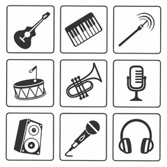 A collection of nine simple black and white icons representing various musical instruments and audio equipment including a guitar a keyboard a trumpet a drum a speaker and microphones