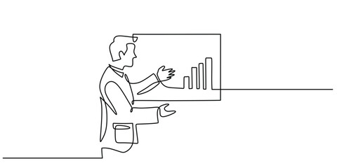 One Line Drawing of a Businessman Giving a Presentation with a Chart