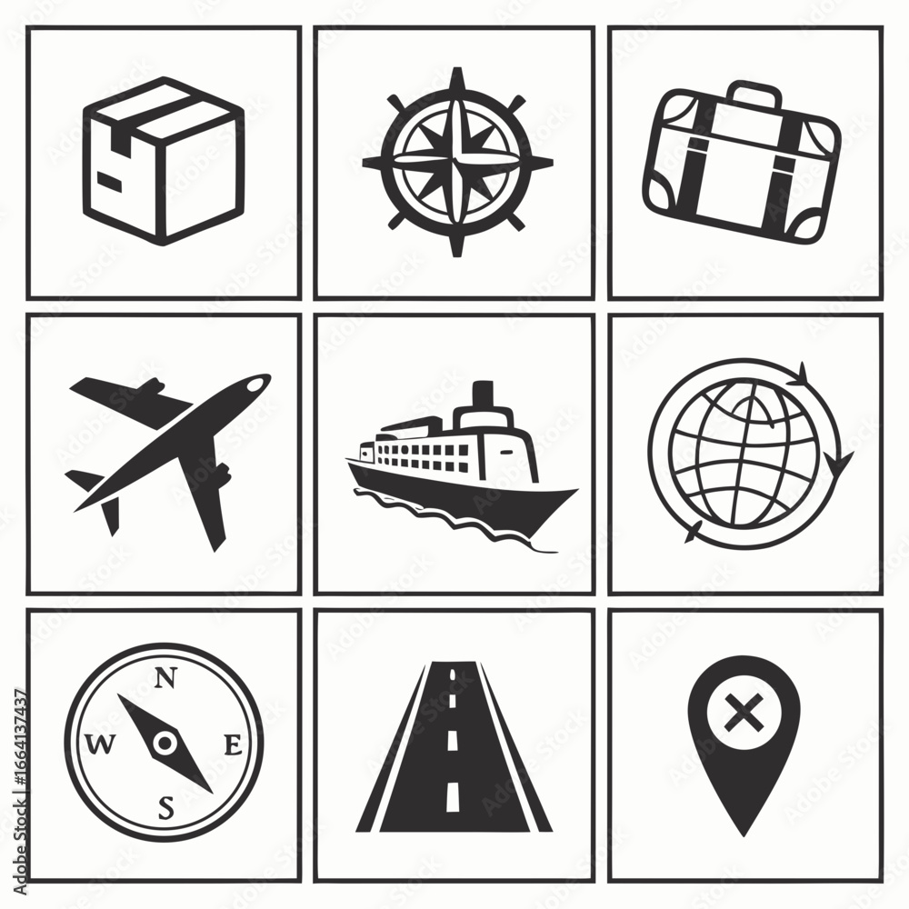 Aufkleber collection of nine black and white icons representing different modes of transportation navigation a