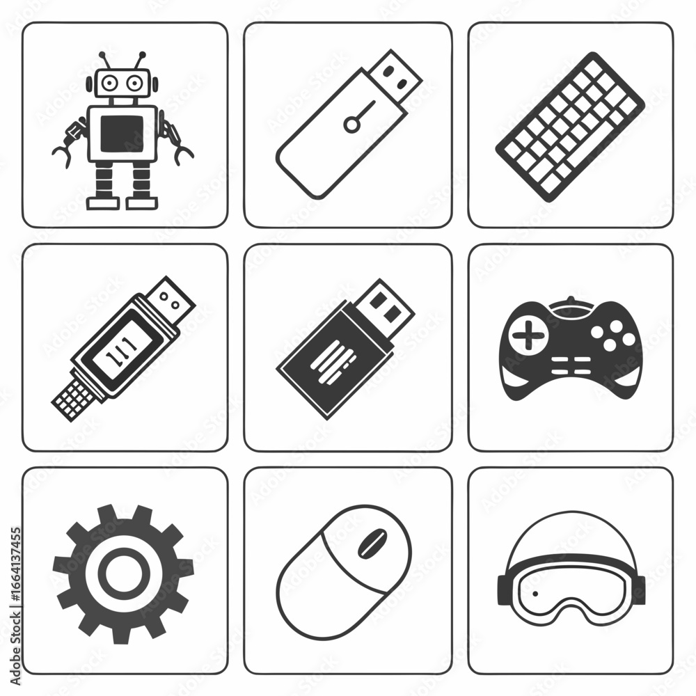 Poster a grid of nine simple black and white icons representing technology and gaming including a robot usb